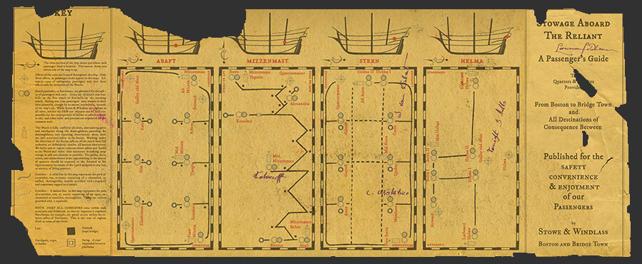 Leornian Feldham's copy of stowage aboard the reliant,a folding pocket map from his 1737 voyage...