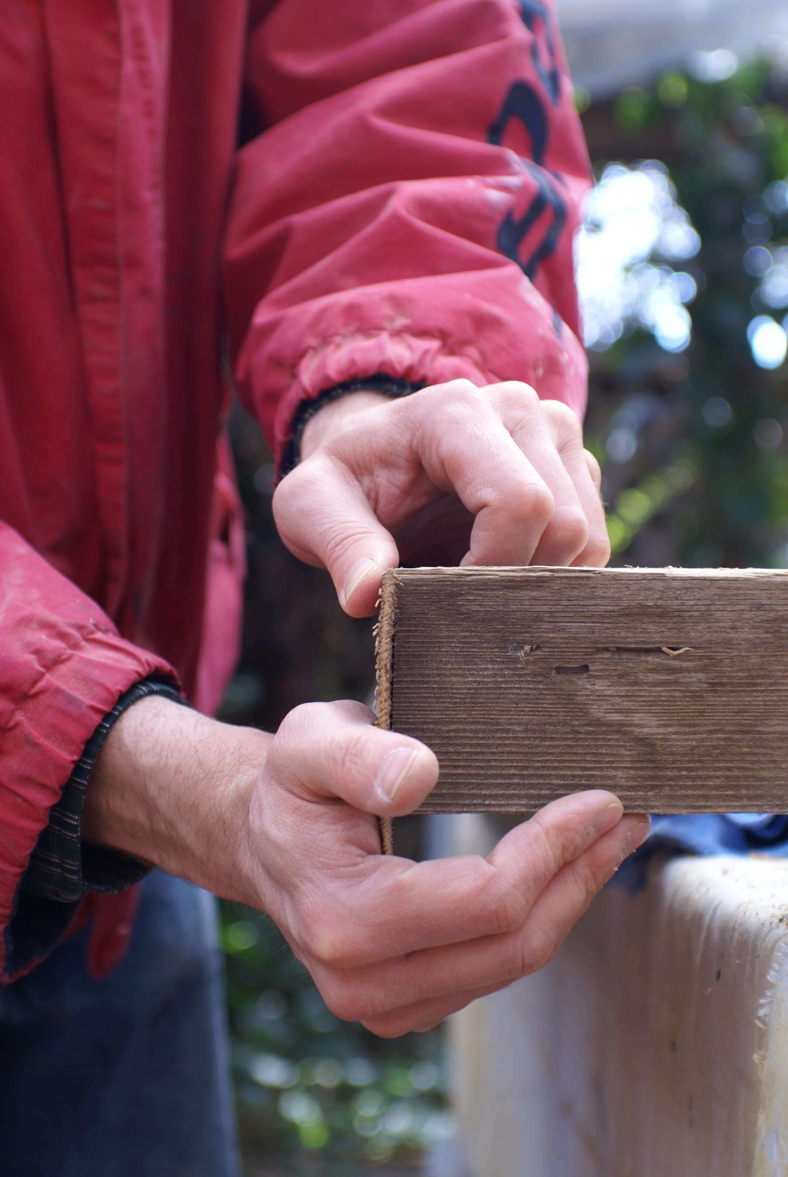 The veneer applied to the profile was ripped from wood that had weathered out-of-doors at BenHaven f...