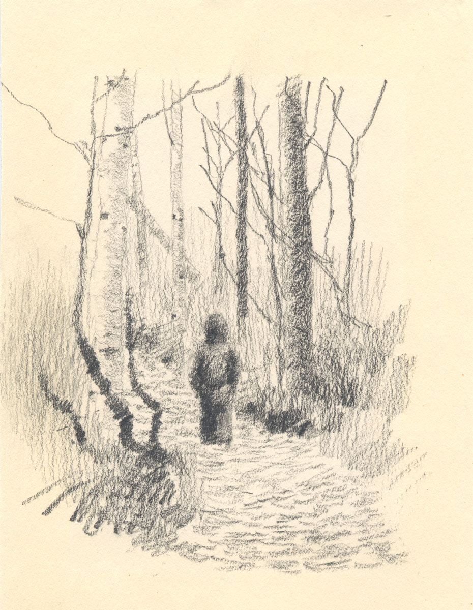 Ashton Ahead on the Trailby Al R. YoungPencil on paper, circa  1994