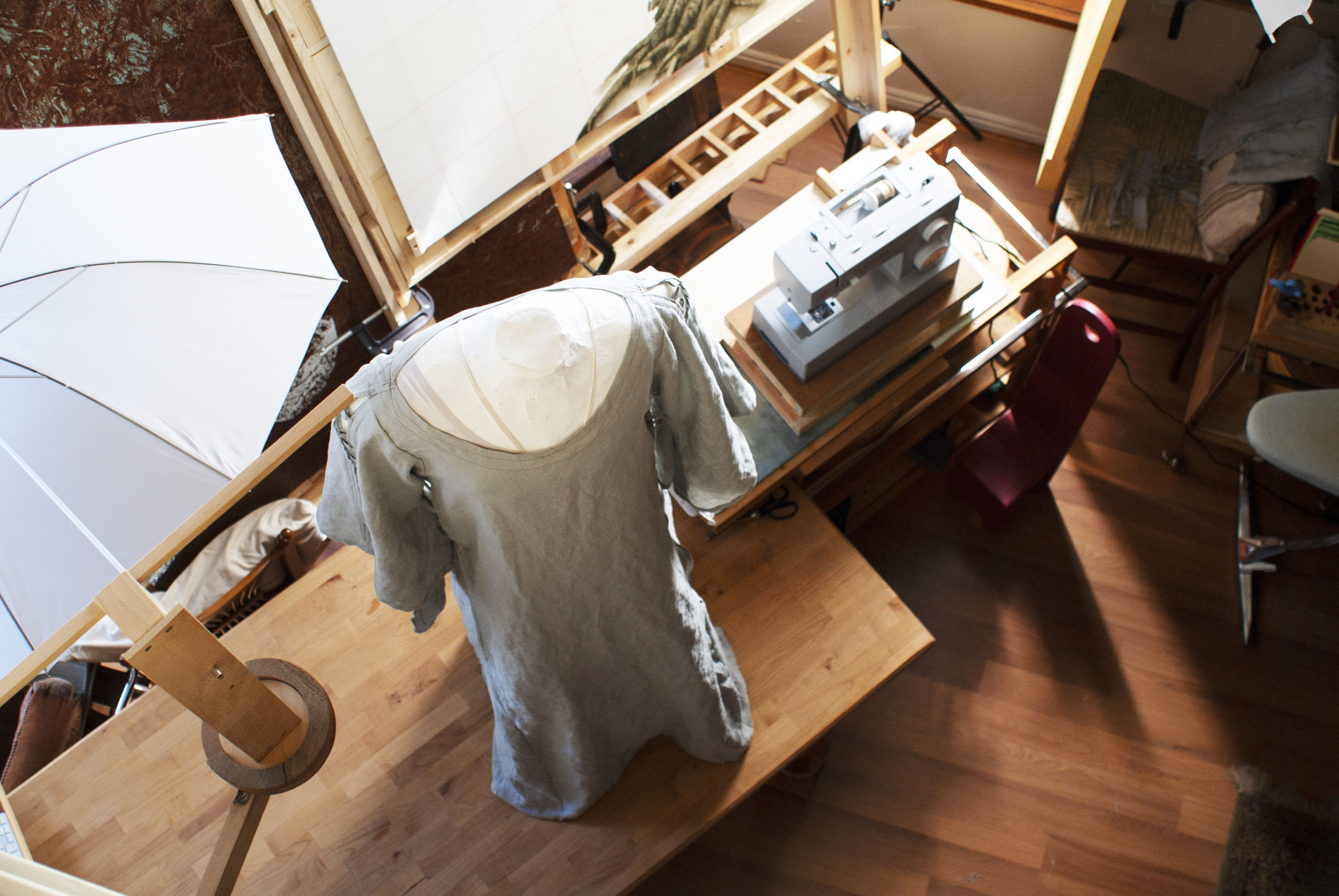 The studio (seen from above) is temporarily configured for sewing.