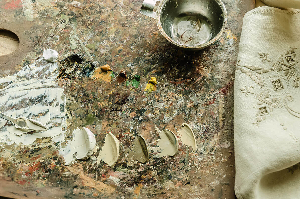 Elspeth's palette at the beginning of one of the many painting sessions for Blessed, Honored Pioneer...