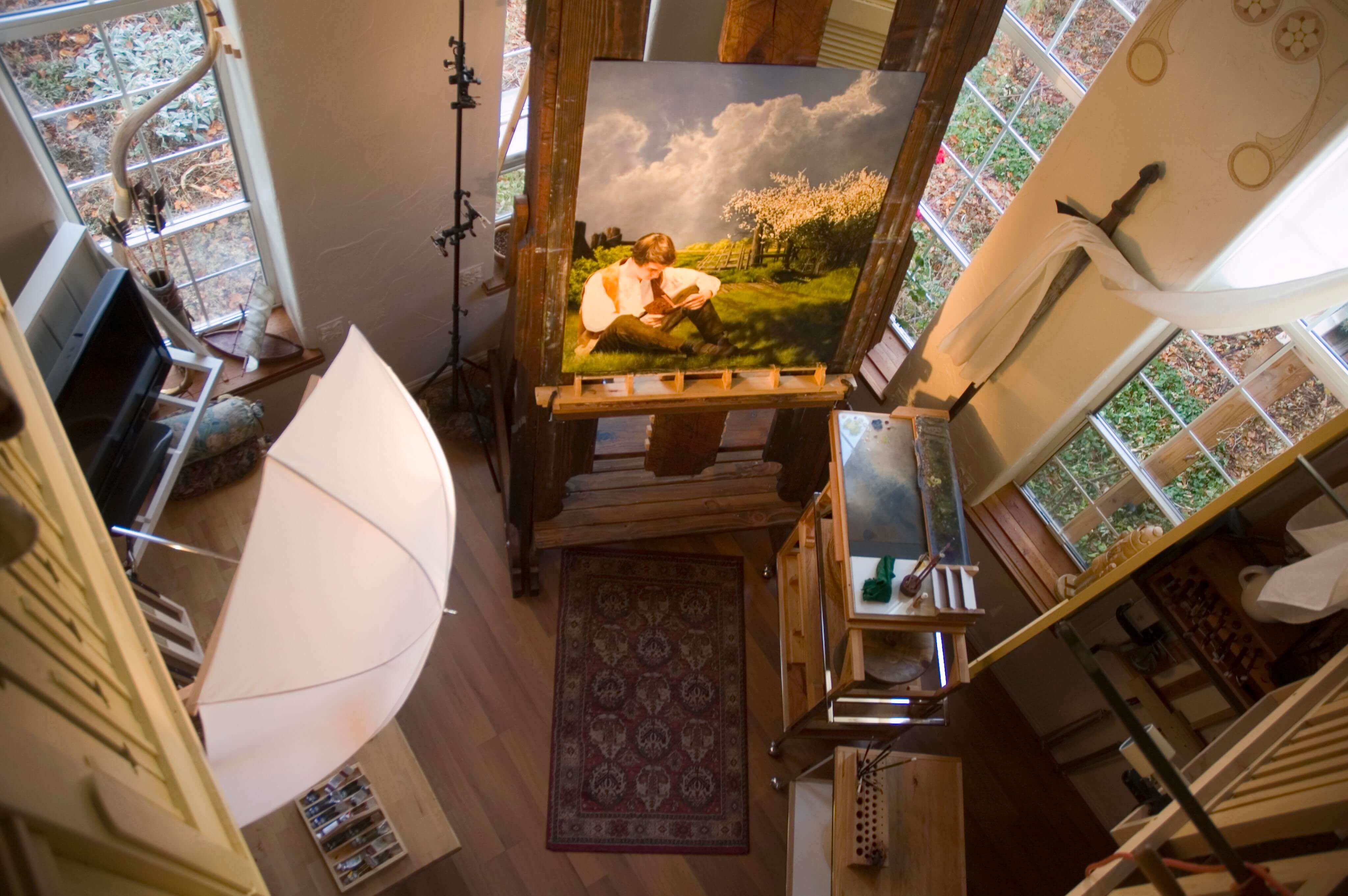 Looking down into the studio during a painting session near the end of the project.